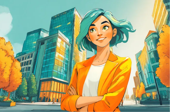 Personnage de la fille aux cheveux bleus d'Hodemy sur un fond urbain