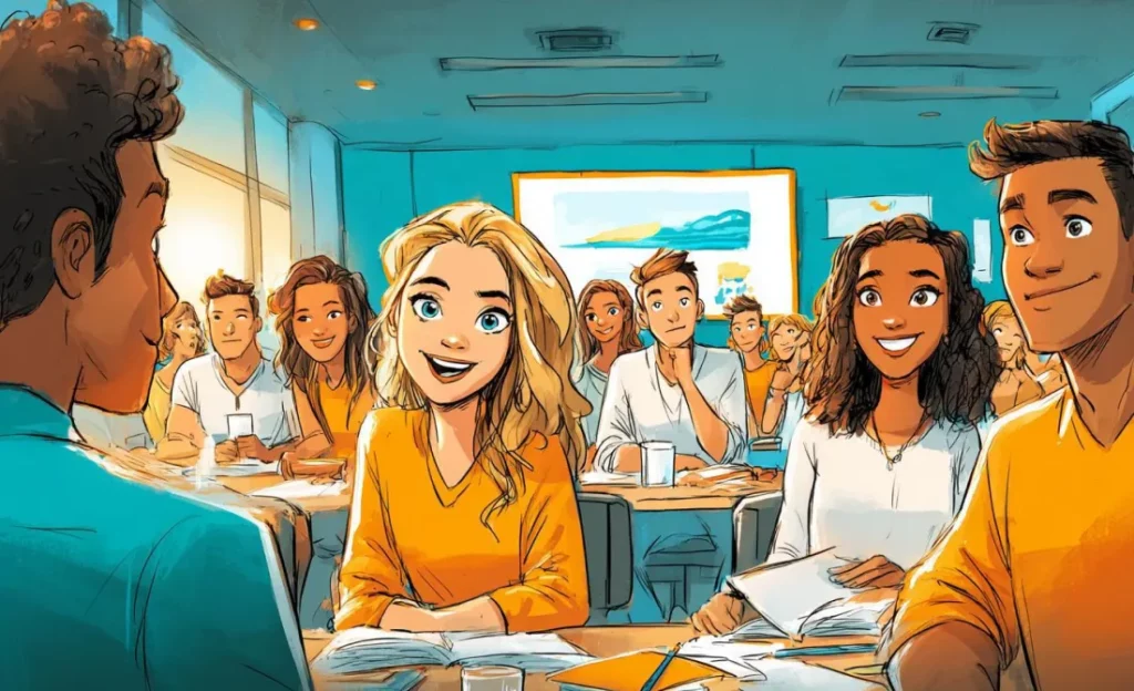 Illustration personnalisée Hodemy : étudiants enthousiastes en classe