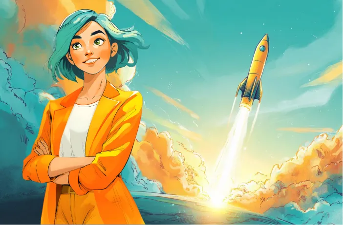 Personnage hodemy et illustration d'une fusée au décolage