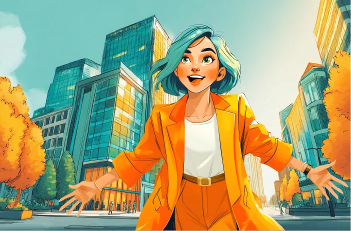 Personnage de la fille aux cheveux bleus d'Hodemy sur un fond urbain