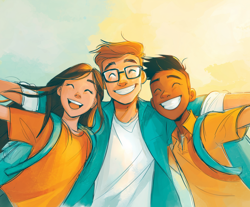 Illustration 3 étudiants se prennent dans les bras