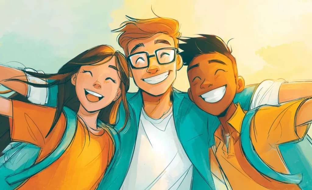 Illustration 3 étudiants se prennent dans les bras
